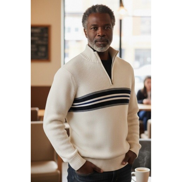 Eddie Bauer Men's L 1/4 zip Pullover Sweater Cream/OffWhite Striped Knit Preppy - Picture 1 of 16